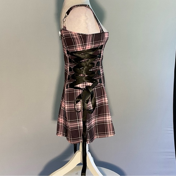 Dolls Kill Lg Gothic/Punk/Witchy Pink/Black Plaid Mini Dress Black Ribbon Laceup - Picture 6 of 12